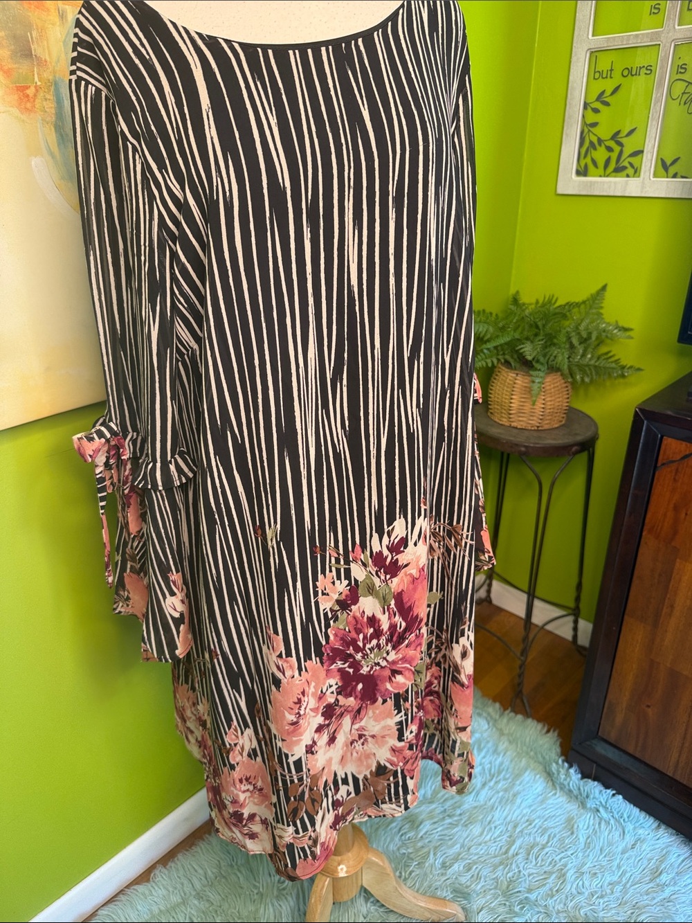 Luxology Black and White Striped Midi Skirt with Pink Floral Border